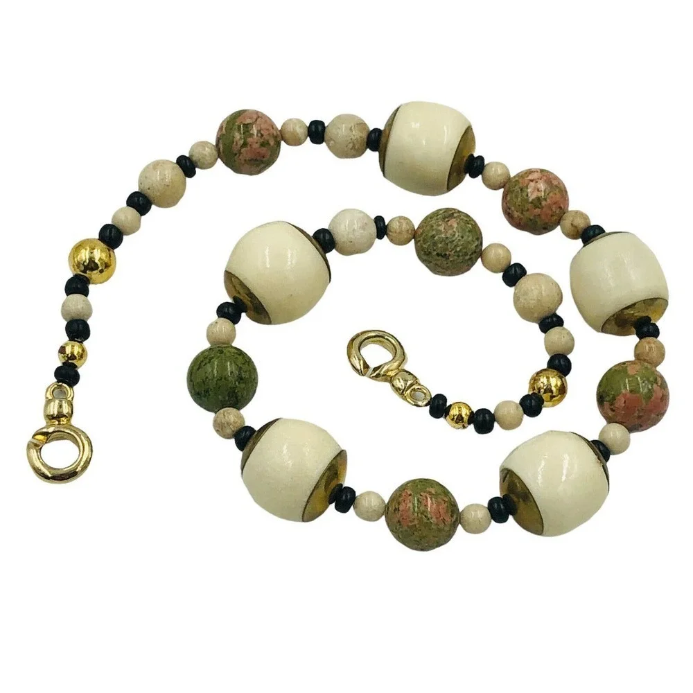 Unakite Jasper Agate Gold Collar Boho Gemstone Necklace Jewelry
